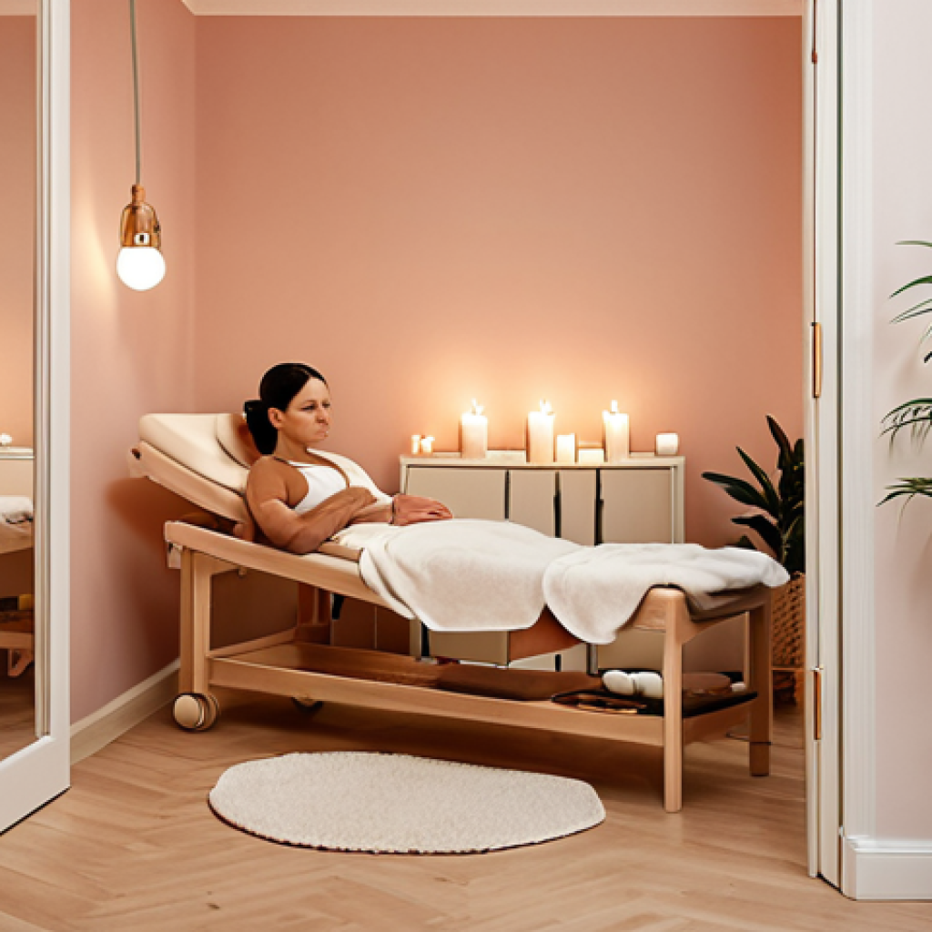 **Image Prompt:** Cozy, inviting skincare salon interior in Stockholm. Soft lighting, calming colors, comfortable furniture, plants, and candles. A client is relaxing during a facial treatment. Focus on the feeling of calm and well-being.